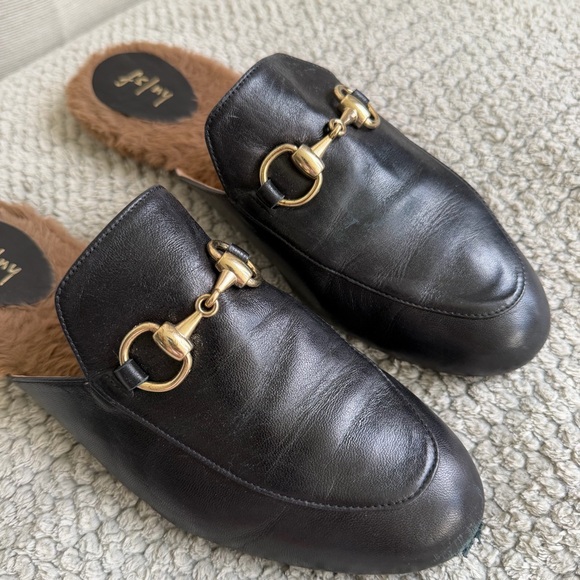 Black Fur-Lined Leather Mule Loafers with Gold Horsebit, Made in Spain, Size 8 - Picture 2 of 9